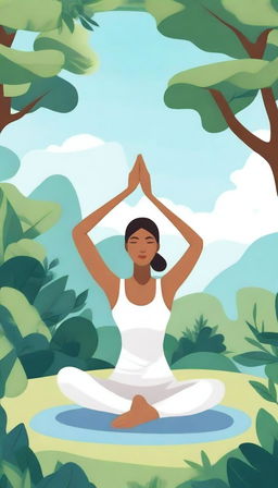 A detailed illustration of a woman doing yoga in a serene outdoor setting