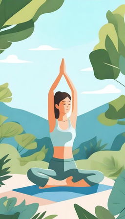 A detailed illustration of a woman doing yoga in a serene outdoor setting