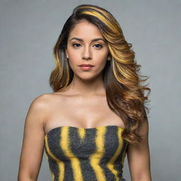 A portrait of a Hispanic woman with yellow highlights in her hair. She is wearing a stylish dress.