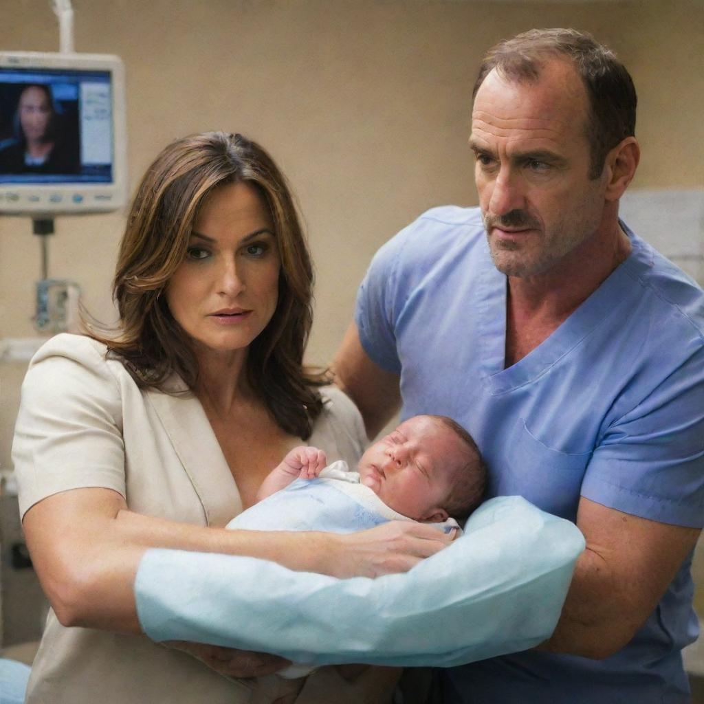 Chris Meloni and Mariska Hargitay, in their roles as detectives from Law and Order: SVU, compassionately holding a premature baby boy in a warmly lit Neonatal Intensive Care Unit (NICU).