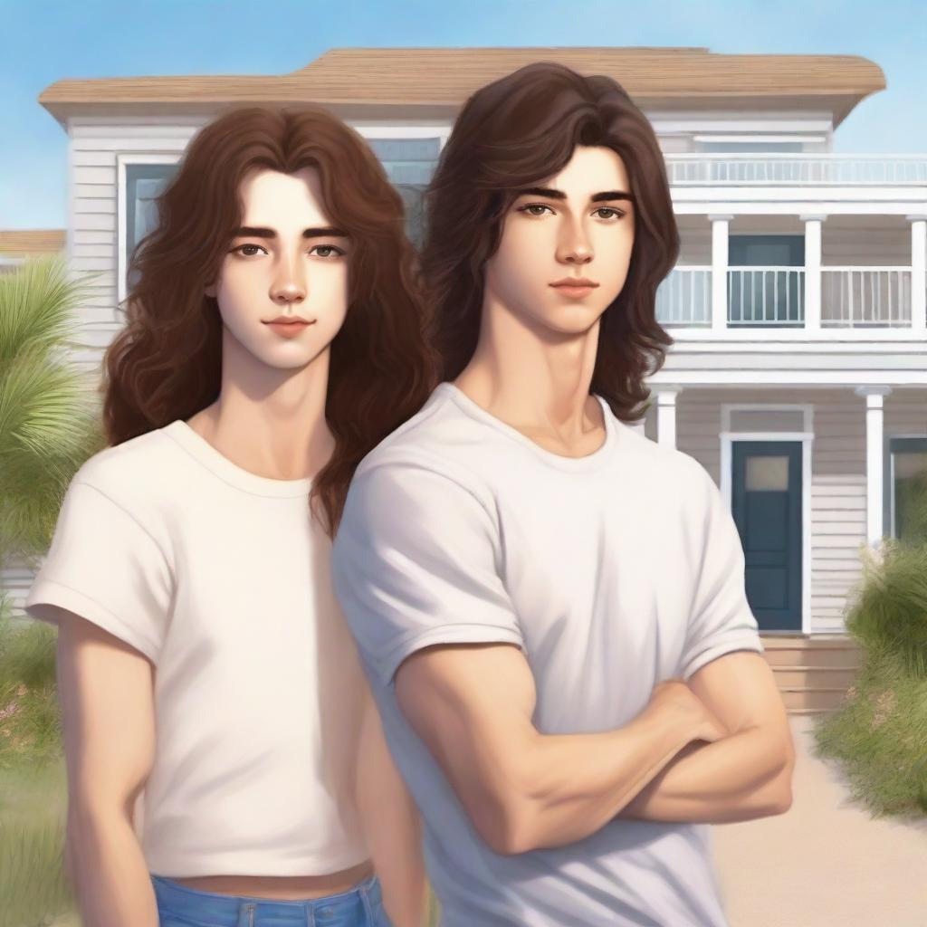 Create a book cover featuring an 18-year-old girl with shoulder-length brown hair, brown eyes, pale skin, and Slavic features, alongside a 20-year-old guy with a grown-out fluffy mullet haircut, brown eyes, and Korean features