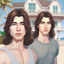 Create a book cover featuring an 18-year-old girl with shoulder-length brown hair, brown eyes, pale skin, and Slavic features, alongside a 20-year-old guy with a grown-out fluffy mullet haircut, brown eyes, and Korean features