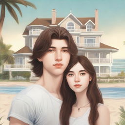 Create a book cover featuring an 18-year-old girl with shoulder-length brown hair, brown eyes, pale skin, and Slavic features, alongside a 20-year-old guy with a grown-out fluffy mullet haircut, brown eyes, and Korean features