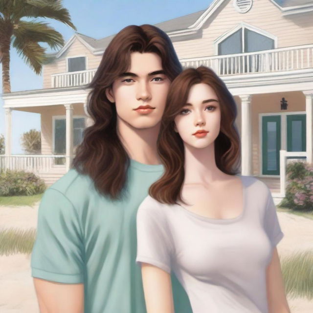 Create a book cover featuring an 18-year-old girl with shoulder-length brown hair, brown eyes, pale skin, and Slavic features, alongside a 20-year-old guy with a grown-out fluffy mullet haircut, brown eyes, and Korean features