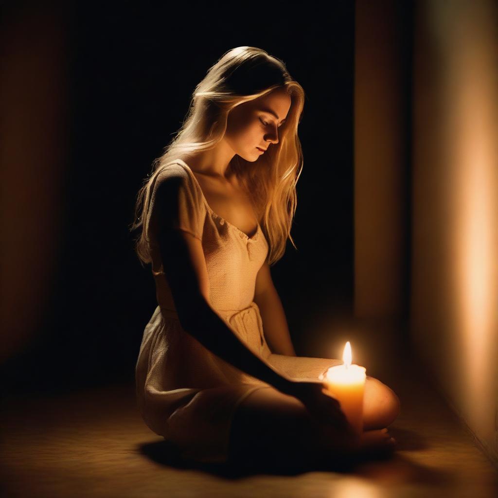 A blonde woman sitting in a dim room, illuminated only by the soft glow of a single candle