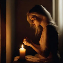 A blonde woman sitting in a dim room, illuminated only by the soft glow of a single candle