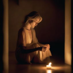 A blonde woman sitting in a dim room, illuminated only by the soft glow of a single candle