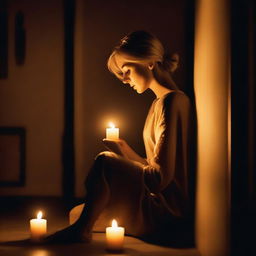 A blonde woman sitting in a dim room, illuminated only by the soft glow of a single candle