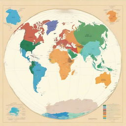 A map of the planet Earth where each continent is displayed in a different color for easy identification