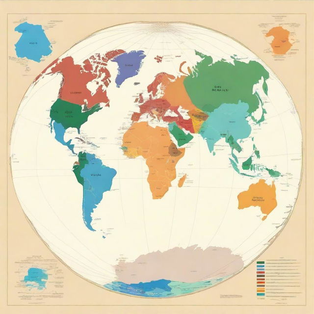 A map of the planet Earth where each continent is displayed in a different color for easy identification