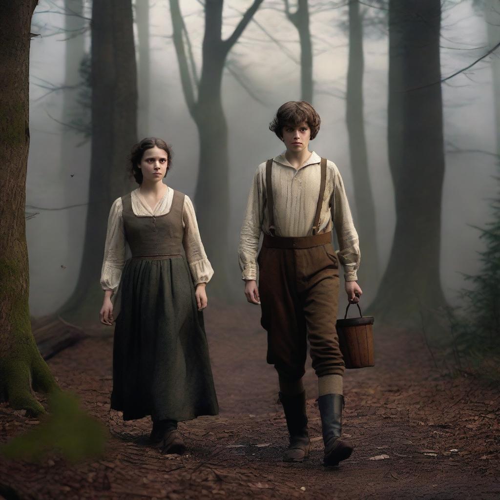 A photorealistic depiction of Jack and Jill as a young man and woman walking through dark woods