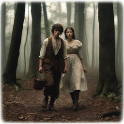 A photorealistic depiction of Jack and Jill as a young man and woman walking through dark woods