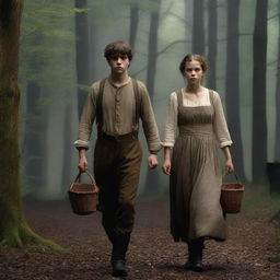 A photorealistic depiction of Jack and Jill as a young man and woman walking through dark woods