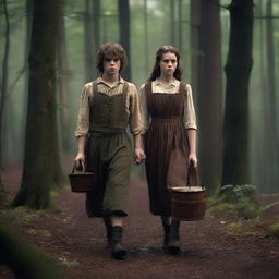 A photorealistic depiction of Jack and Jill as a young man and woman walking through dark woods