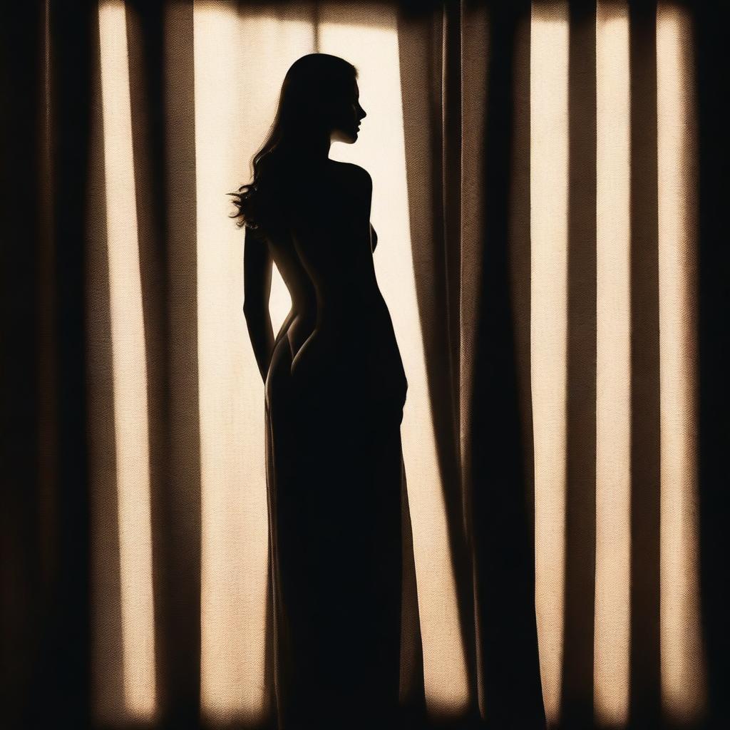 A seductive figure of a woman standing in a narrow beam of sunlight coming through a curtained window