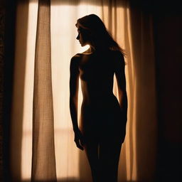 A seductive figure of a woman standing in a narrow beam of sunlight coming through a curtained window