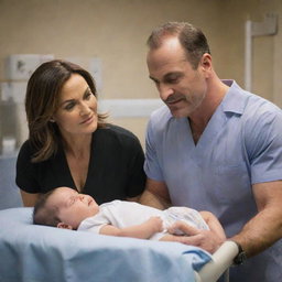 Chris Meloni and Mariska Hargitay, in their roles as detectives from Law and Order: SVU, compassionately holding a premature baby boy in a warmly lit Neonatal Intensive Care Unit (NICU).