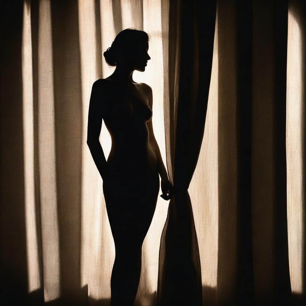 A seductive figure of a woman standing in a narrow beam of sunlight coming through a curtained window