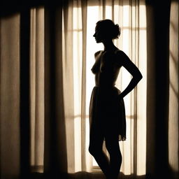 A seductive figure of a woman standing in a narrow beam of sunlight coming through a curtained window