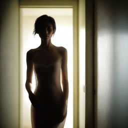 A woman in a dimly lit hallway, with soft, ambient light filtering through a frosted glass door