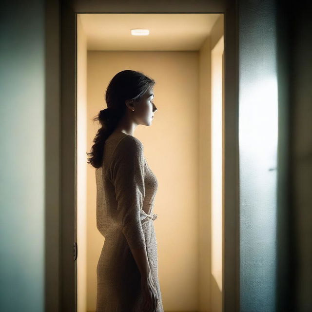 A woman in a dimly lit hallway, with soft, ambient light filtering through a frosted glass door