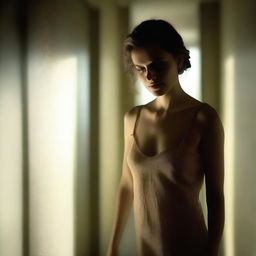 A woman in a dimly lit hallway, with soft, ambient light filtering through a frosted glass door