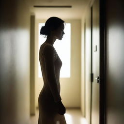 A woman in a dimly lit hallway, with soft, ambient light filtering through a frosted glass door