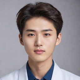 An elegant, attractive Korean boy with a harmonious face and penetrating eyes that reflect intelligence. His facial features boast a confident and determined expression, conveying his natural charisma, complete with an air of nobility.