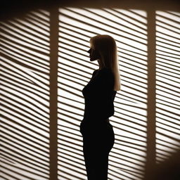 A blonde woman standing in a room with large, patterned shadows cast by a window blind