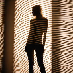 A blonde woman standing in a room with large, patterned shadows cast by a window blind