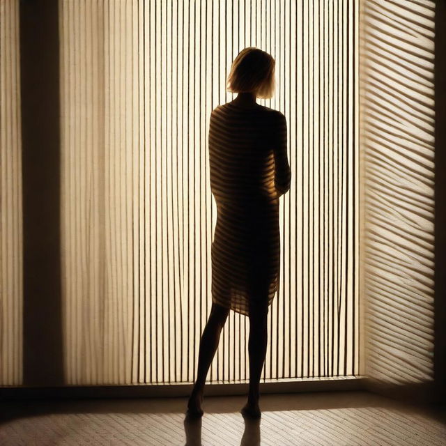 A blonde woman standing in a room with large, patterned shadows cast by a window blind