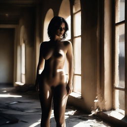 A seductive woman in an old, abandoned building, the light streaming through broken windows casting long shadows