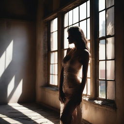 A seductive woman in an old, abandoned building, the light streaming through broken windows casting long shadows