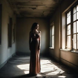 A seductive woman in an old, abandoned building, the light streaming through broken windows casting long shadows