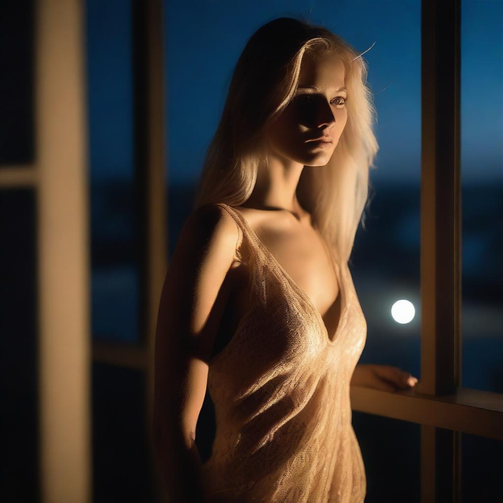 An attractive blonde woman standing on a balcony at night, bathed in soft moonlight