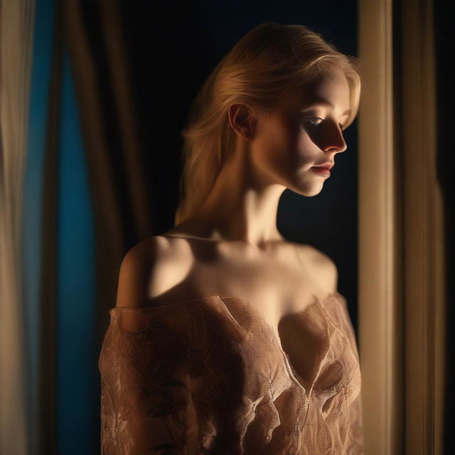 An attractive blonde woman standing on a balcony at night, bathed in soft moonlight