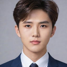 An elegant, attractive Korean boy with a harmonious face and penetrating eyes that reflect intelligence. His facial features boast a confident and determined expression, conveying his natural charisma, complete with an air of nobility.