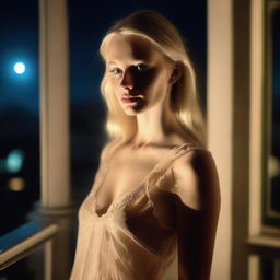 An attractive blonde woman standing on a balcony at night, bathed in soft moonlight