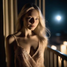 An attractive blonde woman standing on a balcony at night, bathed in soft moonlight