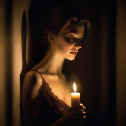 A beautiful woman in a dimly lit room, illuminated only by a single candle