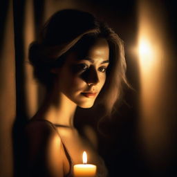 A beautiful woman in a dimly lit room, illuminated only by a single candle