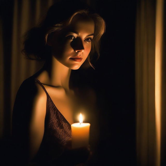 A beautiful woman in a dimly lit room, illuminated only by a single candle