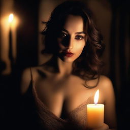 A beautiful woman in a dimly lit room, illuminated only by a single candle