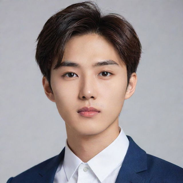 An elegant, attractive Korean boy with a harmonious face and penetrating eyes that reflect intelligence. His facial features boast a confident and determined expression, conveying his natural charisma, complete with an air of nobility.