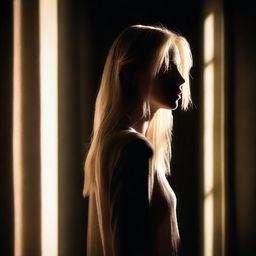 A young, blonde woman standing near a window, the light casting dramatic shadows across her body, revealing only the outline of her figure