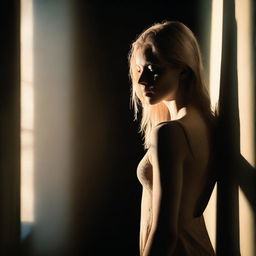 A young, blonde woman standing near a window, the light casting dramatic shadows across her body, revealing only the outline of her figure