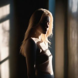 A young, blonde woman standing near a window, the light casting dramatic shadows across her body, revealing only the outline of her figure