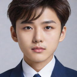 An elegant, attractive Korean boy with a harmonious face and penetrating eyes that reflect intelligence. His facial features boast a confident and determined expression, conveying his natural charisma, complete with an air of nobility.