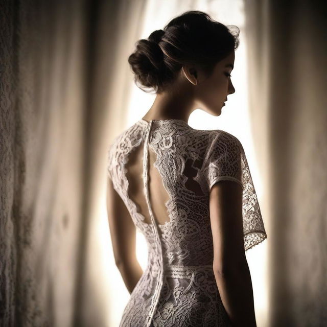 A beautiful woman wearing a lace dress, standing with her back to a powerful light source