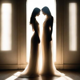 A young woman in a flowing, semi-transparent gown, standing in front of a bright, backlit doorway